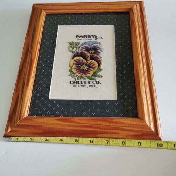 Vintage Framed Pansy Seeds Cross Stitch Art, Flowers Floral Matted Gardener Art - Picture 8 of 10